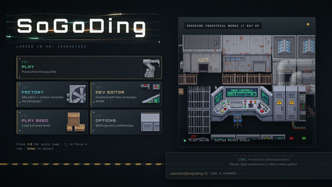SoGoDing main menu and factory control room