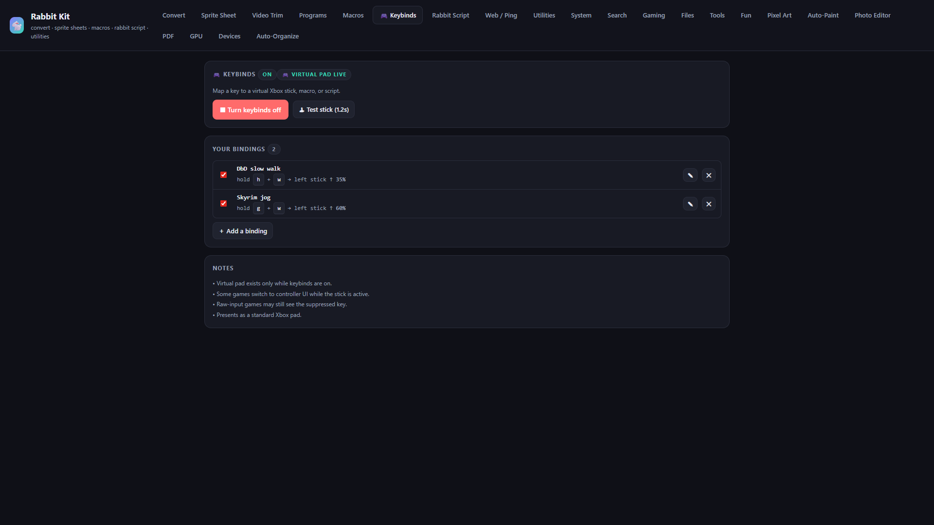 Keybinds tab